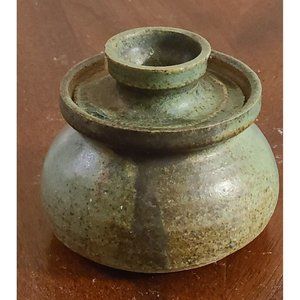 3" Rustic Green Ceramic Pot Handmade Signed Pottery with Lid Excellent Condition